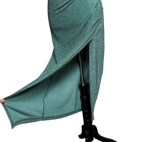 Vine And Valley Green Shimmer Ruched V-neck Side Slit Midi Dress M Holiday Glam - Picture 6 of 11
